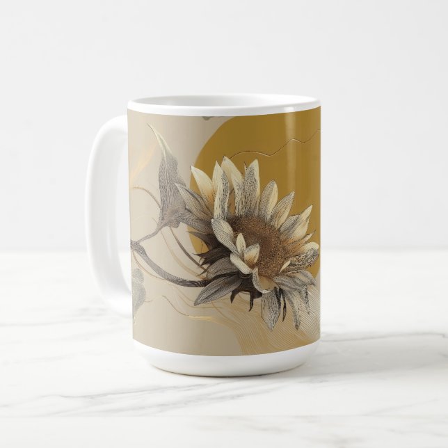 Neutral Minimalist Sunflower Outline Coffee Mug (Front Left)