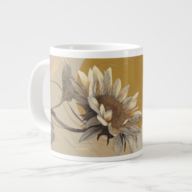 Neutral Minimalist Sunflower Outline Giant Coffee Mug (Front Left)