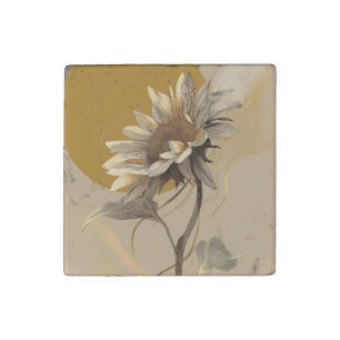 Neutral Minimalist Sunflower Outline Stone Magnet