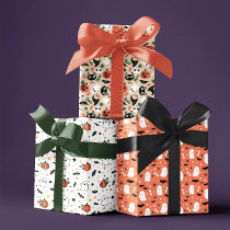 Neutral Mixed Halloween Patterns Ghost Pumpkins Wrapping Paper Sheets