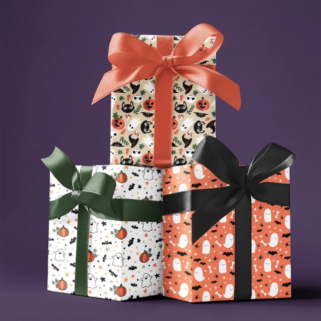 Neutral Mixed Halloween Patterns Ghost Pumpkins Wrapping Paper Sheets (Creator Uploaded)