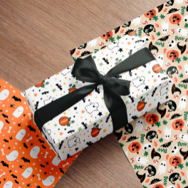 Neutral Mixed Halloween Patterns Ghost Pumpkins Wrapping Paper Sheets