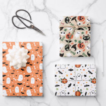 Neutral Mixed Halloween Patterns Ghost Pumpkins Wrapping Paper Sheets
