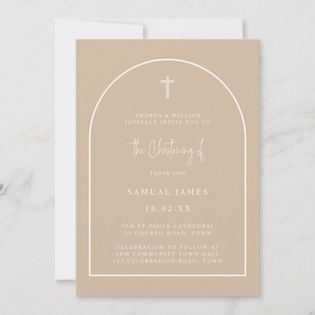 Neutral Modern Arch Script Minimalist Christening Invitation (Front)