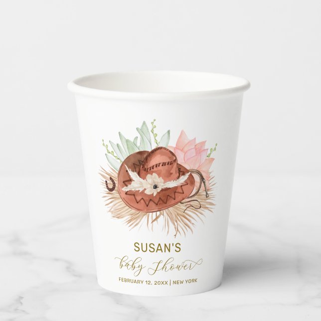 Neutral Modern Boho Cactus Cowboy Hat Baby Shower  Paper Cups (Front)