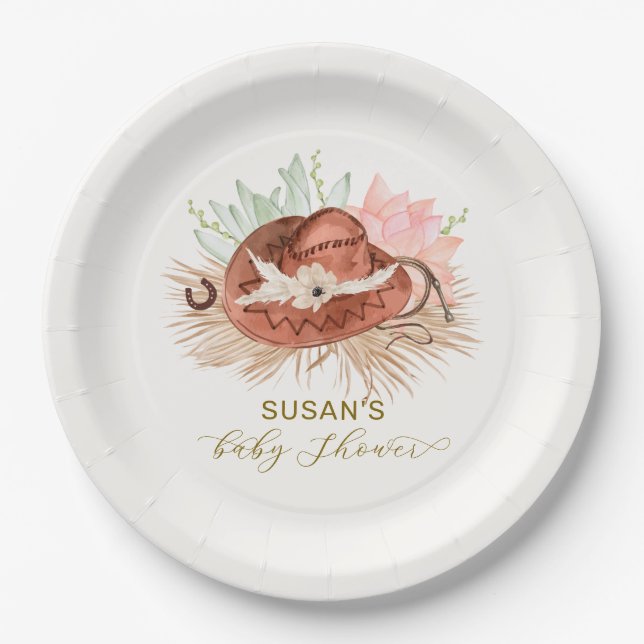 Neutral Modern Boho Cactus Cowboy Hat Baby Shower  Paper Plates (Front)