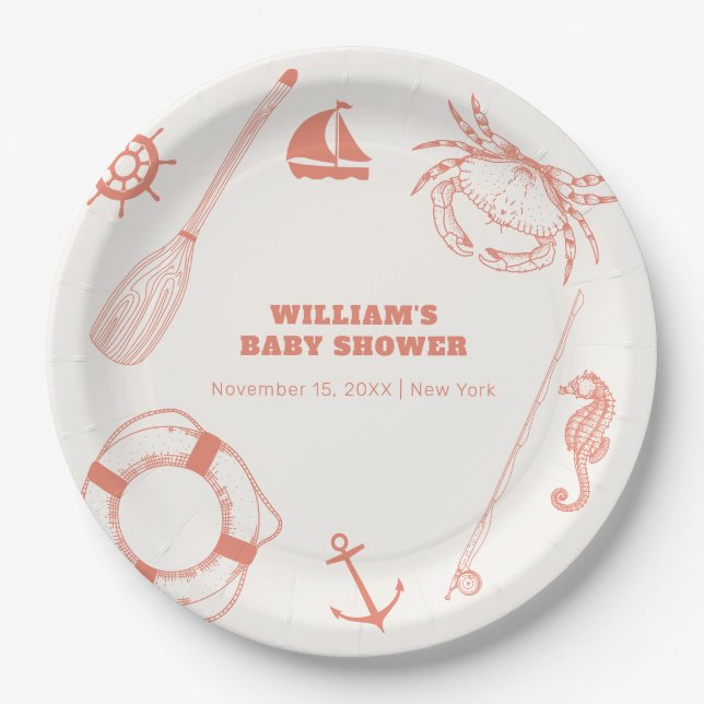 Neutral Modern Nautical Fishing Boy Baby Shower  Paper Plates (Front)