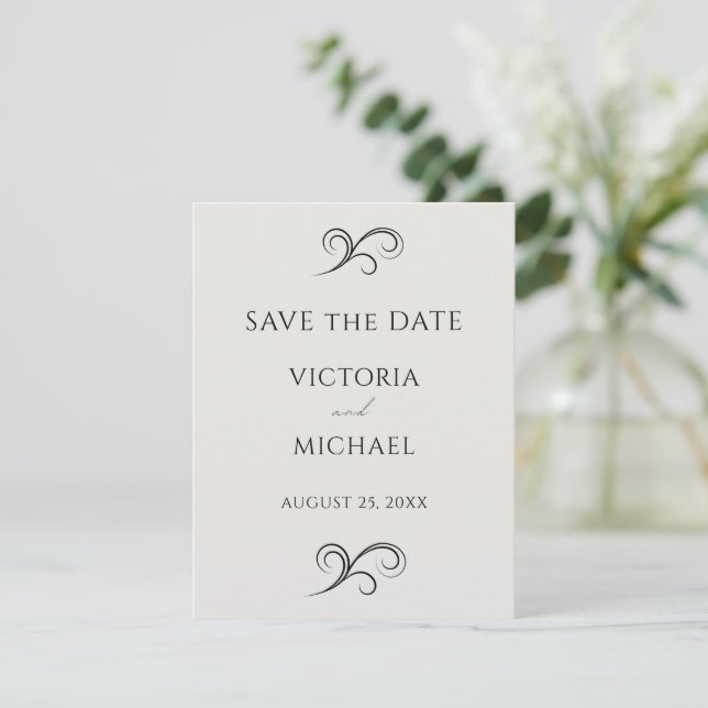 Neutral Modern Scrolls Minimalist Wedding Save The Date (Standing Front)