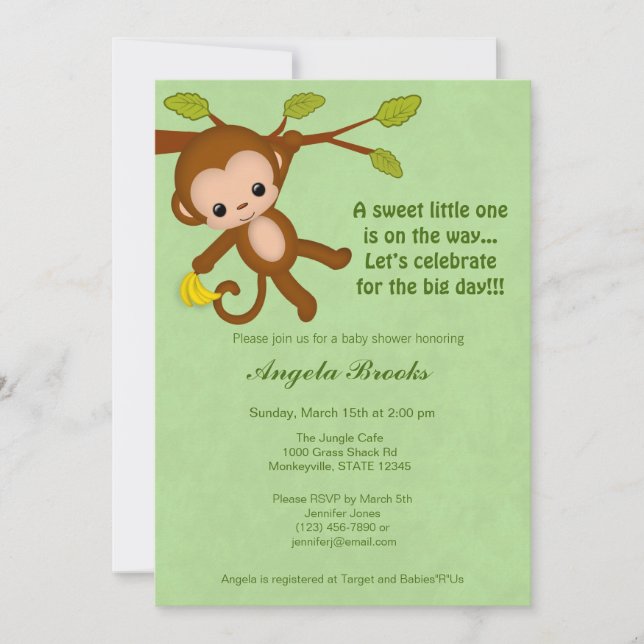Neutral Monkey Baby Shower Invitations GREEN MM2 (Front)