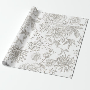 Neutral monochrome grey vintage flowers wrapping paper