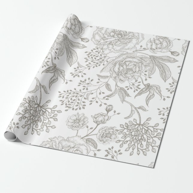 Neutral monochrome grey vintage flowers  wrapping paper (Unrolled)