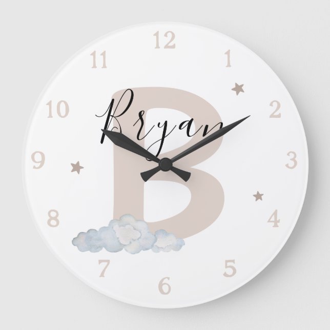 Neutral Monogram Baby Name Wall Clock (Front)