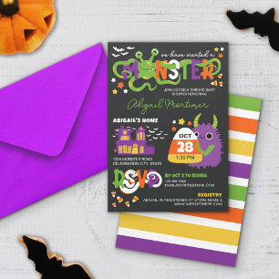 Neutral Monster Typography Halloween Baby Shower Invitation