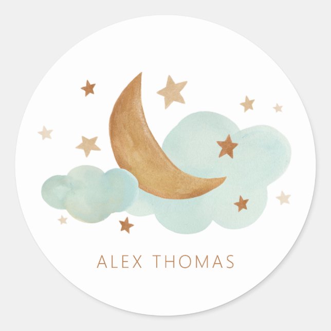 Neutral Moon and Stars Personalized Classic Round Sticker (Front)