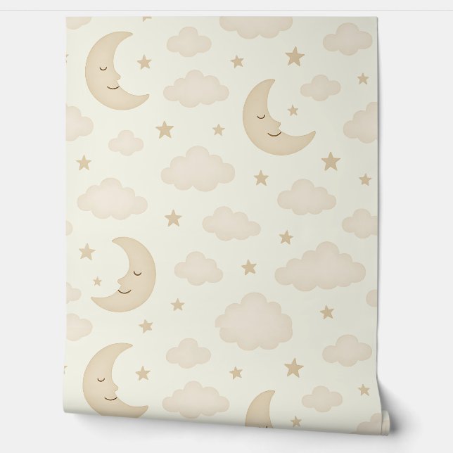 Neutral Moon & Stars Nursery Wallpaper Soft Beige  Wallpaper (Unrolling)