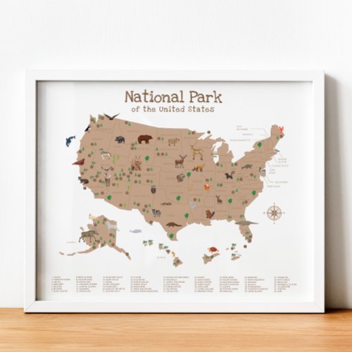 Neutral National Park Map Woodland Nursery Print