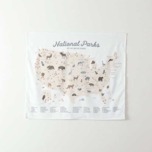 Neutral National Parks Map Woodland Nursery Decor Tapestry