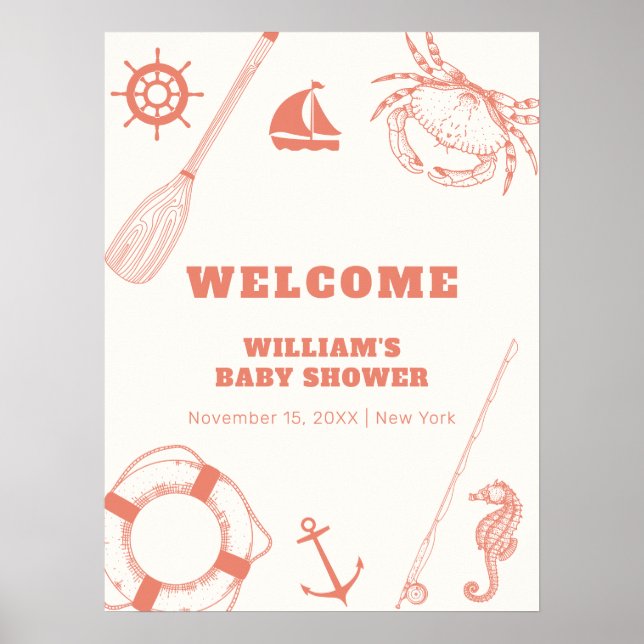 Neutral Nautical Fishing Boy Baby Shower Welcome  Poster (Front)