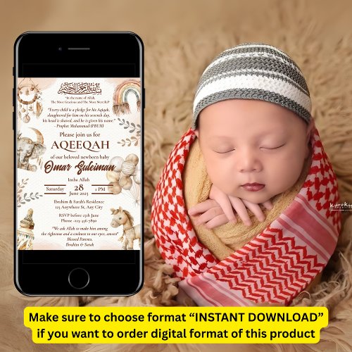 Neutral Newborn Baby Muslim Aqiqah Invitation