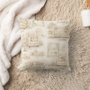 Neutral Nursery Teddy Bear Room Beige Pattern Throw Pillow