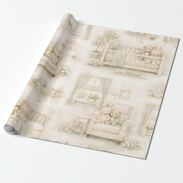 Neutral Nursery Teddy Bear Room Beige Pattern Wrapping Paper (Unrolled)