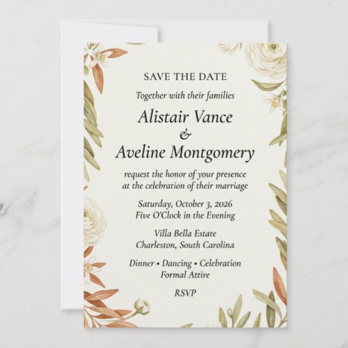 Neutral Olive Branch & Ranunculus Botanical  Invitation