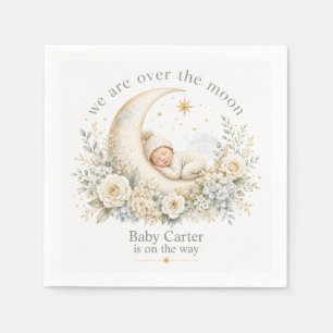 Neutral Over the Moon Baby Shower with Custom Name Napkins