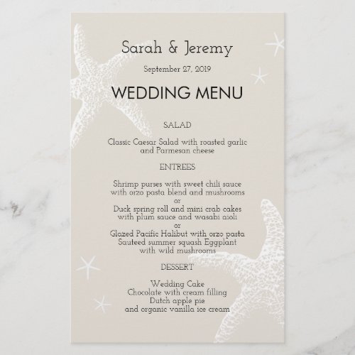 Neutral Palette Starfish Wedding Menu