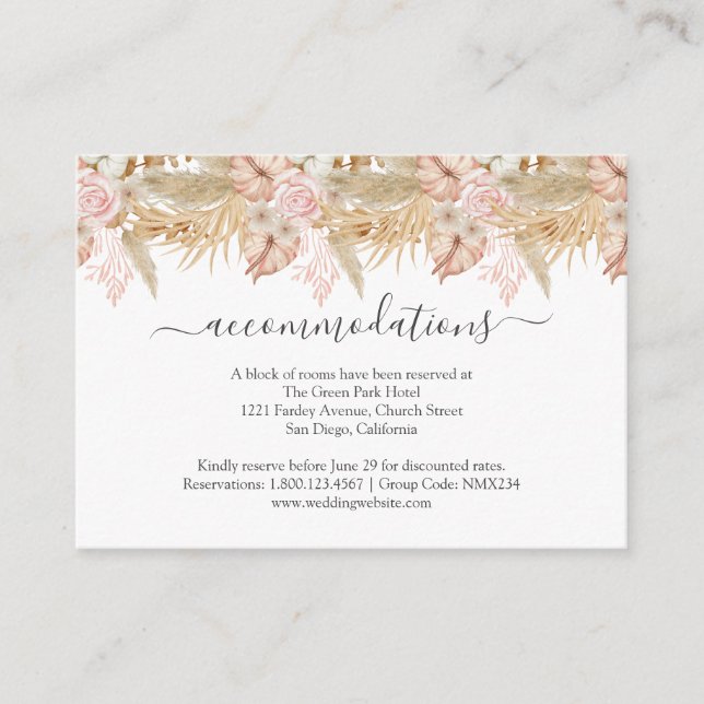 Neutral Palm and Pampas Flower Decor Wedding Enclosure Card (Front)