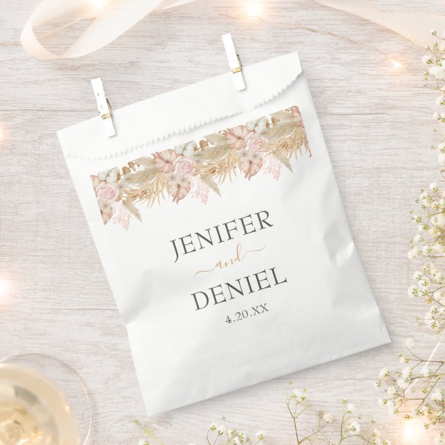 Neutral Palm and Pampas Flower Decor Wedding Favor Bag (Clipped)