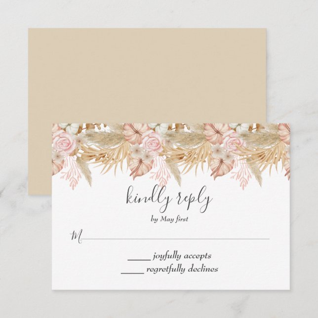 Neutral Palm and Pampas Flower Decor Wedding RSVP Card (Front/Back)