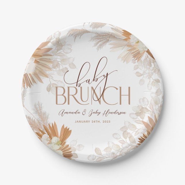 Neutral Pampas Baby Brunch Baby Shower Paper Plates (Front)