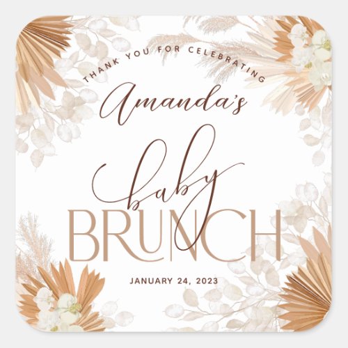 Neutral Pampas Baby Brunch Thank You Square Sticker