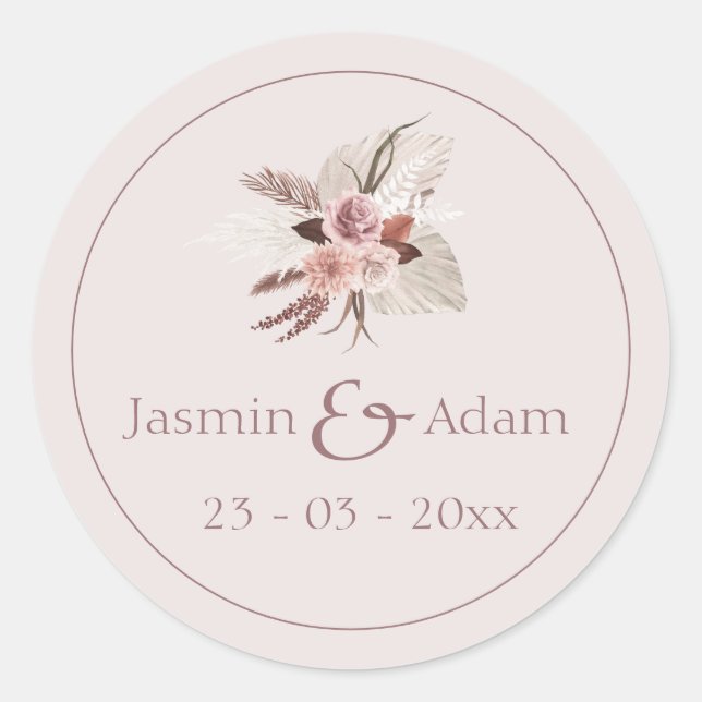 Neutral Pampas Floral Boho Wedding Classic Round Sticker (Front)