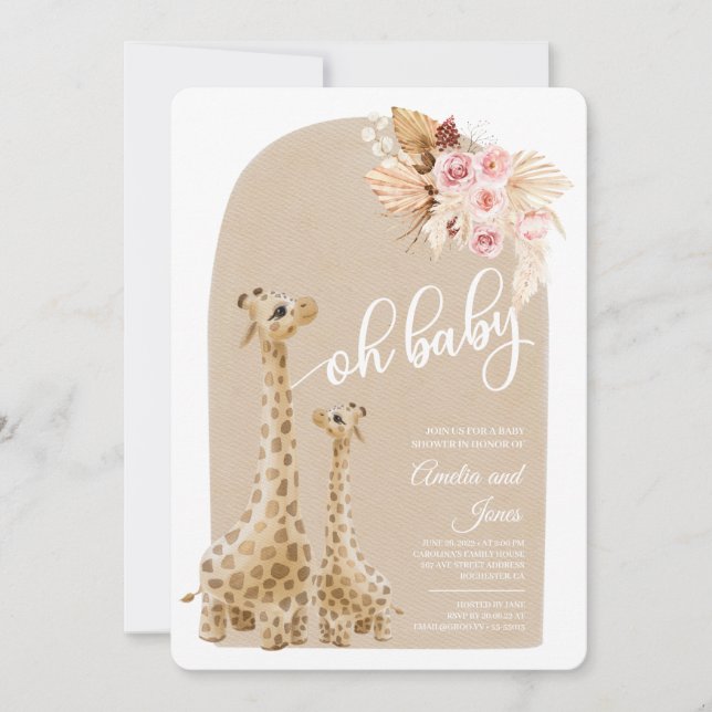 Neutral Pampas Grass Giraffe Baby Shower  Invitati Invitation (Front)