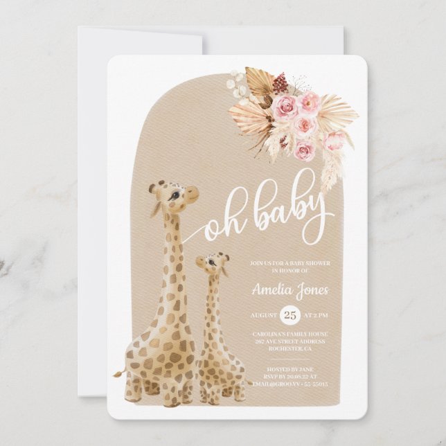 Neutral Pampas Grass Giraffe Baby Shower  Invitati Invitation (Front)