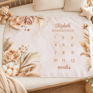 Neutral Pampas Roses Monthly Baby Milestones Blanket