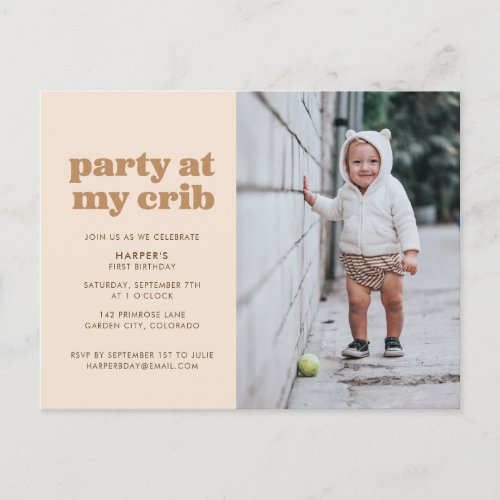 Neutral Party at My Crib 1st Birthday Party Invita Postcard