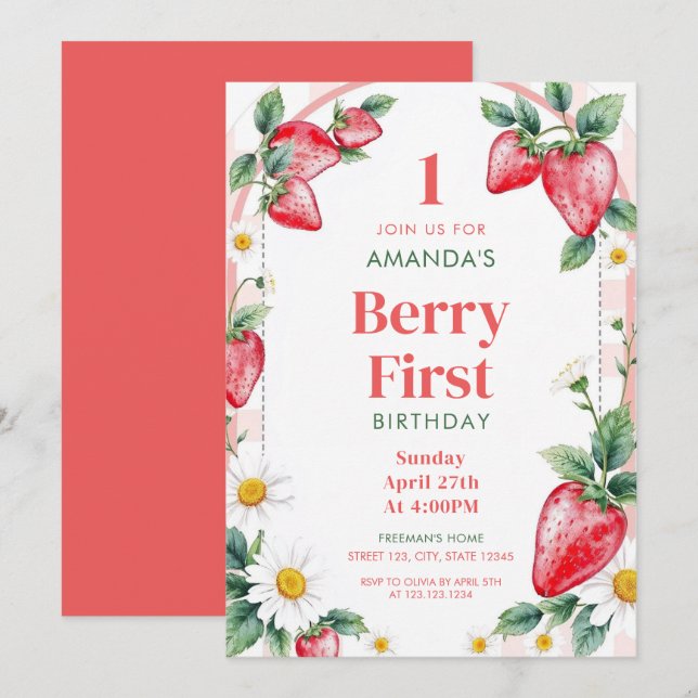 Neutral Pastel Strawberries Daisies 1st Birthday Invitation (Front/Back)