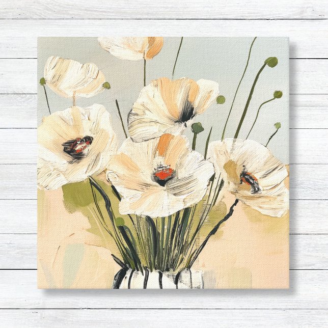 Neutral Peach Poppies Vase Canvas Print (Peach Neutral Loose Painted Poppies Floral Modern Wall Art Canvas)