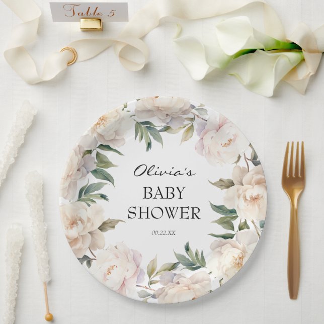 Neutral Peony Wreath Garden Baby Shower Paper Plates (Wedding)