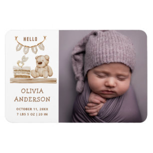 Neutral Photo Birth Announcement Boho Teddy Bear Magnet