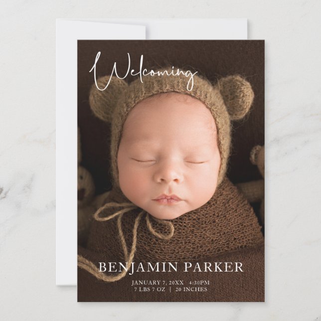 Neutral Photo Birth Announcement with Script (Front)