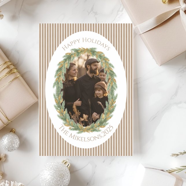 Neutral Pine Wreath Photo Christmas Holiday Card (Creator Uploaded)