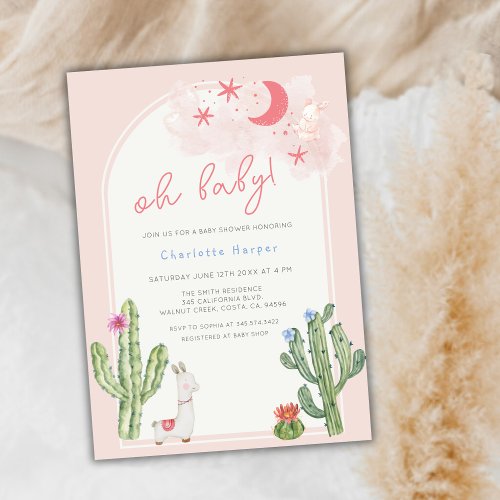Neutral Pink Boho Arch Cactus Baby Shower  Invitation