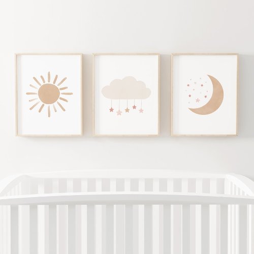 Neutral Pink Cloud Moon Sun Girl Nursery Decor Wall Art Sets