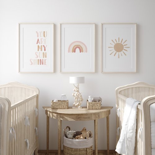 Neutral Pink Sunshine Rainbow Girl Nursery Decor Wall Art Sets