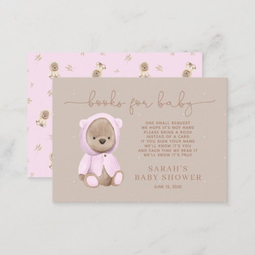 Neutral Pink Teddy Bear Baby Shower Book Request Enclosure Card