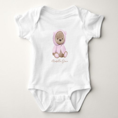 Neutral Pink Teddy Bear Personalized Name Baby Bodysuit