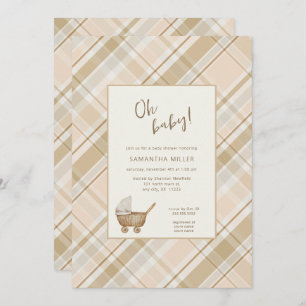 Neutral Plaid baby carriage Invitation